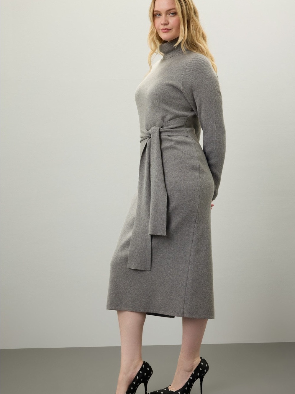 Turtleneck Tie-Waist Knit Midi Dress - Gray - Picture 4 of 9